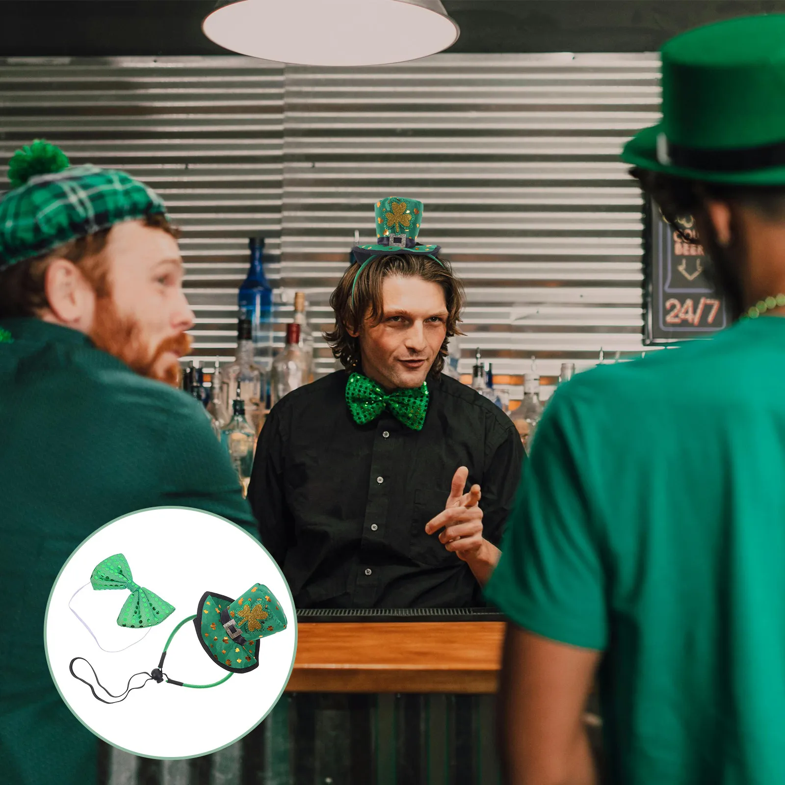 

1Set Shamrock Headband Bow Tie St Patricks Day Accessories Green Top Hat Headband Irish Festival Hair Bands Party Costume Kit