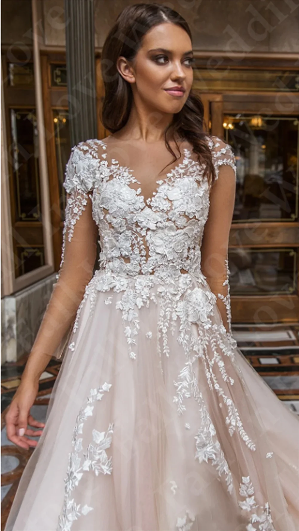 2024 Women Luxury Wedding Dresses V-Neck Illusion Long Sleeves 3D Flower A-Line Princess Prom Dress Bride Gown Vestido De Novia