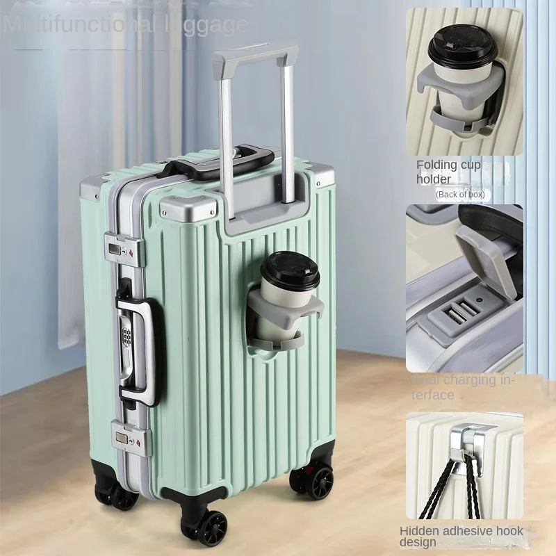 Aluminium Frame Koffer Pull Bar Bagage Met Bekerhouder Pc Koffers Op Wielen Usb Poort Instappen Trolley Case 20/28/30 Inch