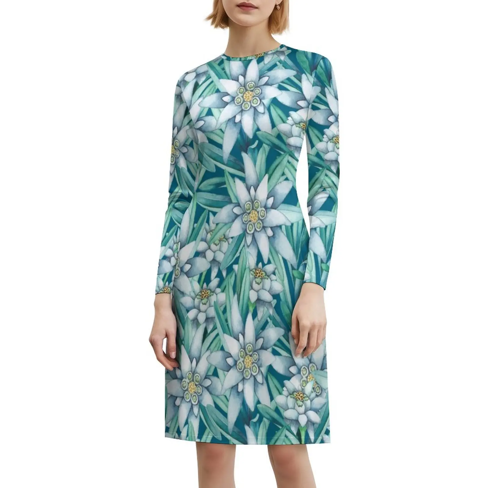 فستان إديلويس بألوان مائية على الطراز الكوري للنساء فستان كاجوال أنيق للحفلات أو الارتداء اليومي زهرة نبات إديلويس الزيتي