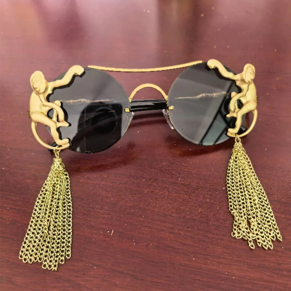 Vintage Monkey Decor Sunglasses Women Gold Metal Chain Tassel Pendant Round Glasses Party Cosplay Costume Eyewear Hallowee Prop