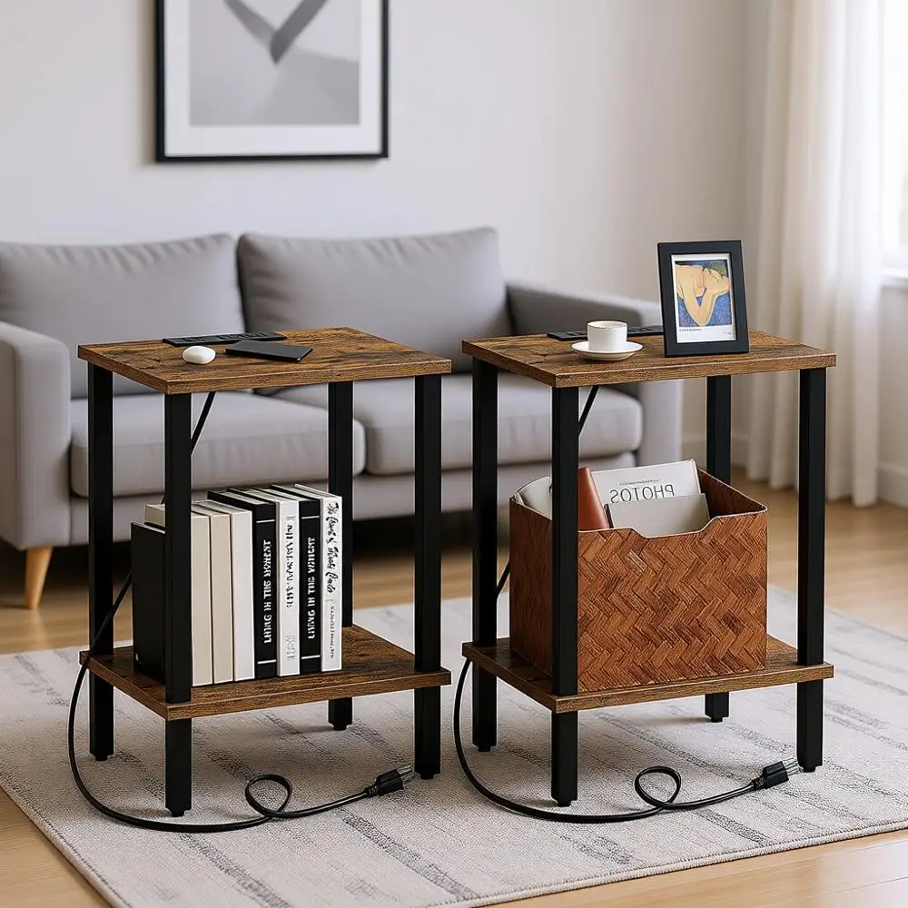

End Table with Charging Station, Side Table with USB Ports and Outlets, Nightstand, 2-Tier Storage Shelf, Sofa Table for Small S