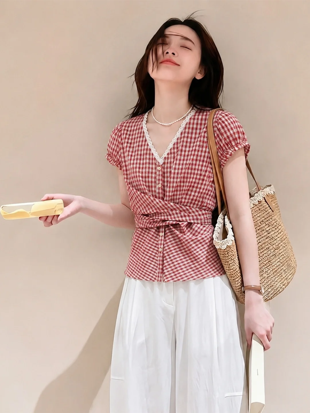 

Slim Fit Plaid Shirt Women's Sweet Elegant Short Sleeve Waist-Cinching Design Korean Style Summer Fashionable Top