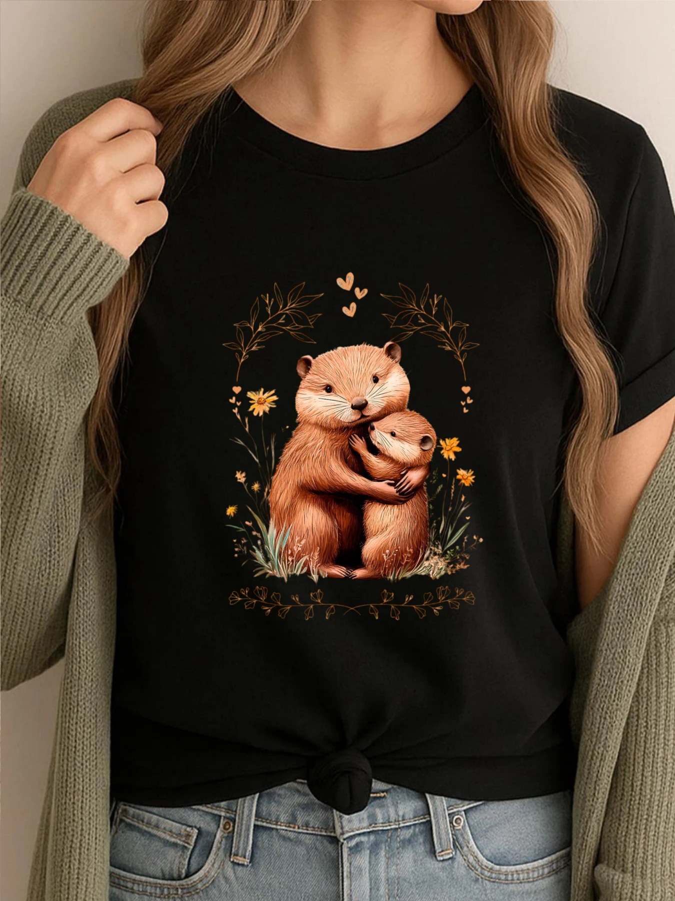 

Otter Hug Cute Animal Family Love Illustration Graphic T Shirts Mens Gifts Funny Tshirt Mens Soft Fashion Tops Tees