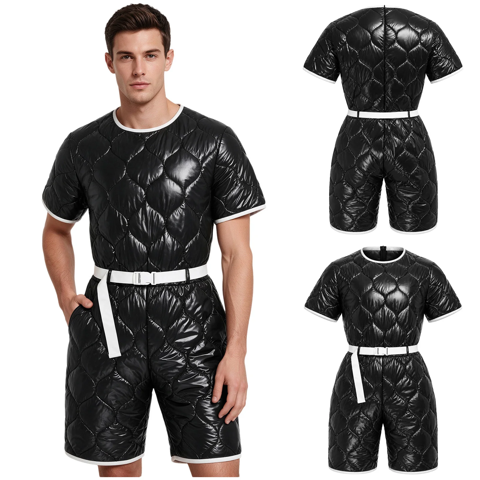 Mens Water Resistant Padded Jumpsuit Short Sleeve Thigh Length Bodysuit with Pockets and Adjustable Belt for Outdoor Sportswear