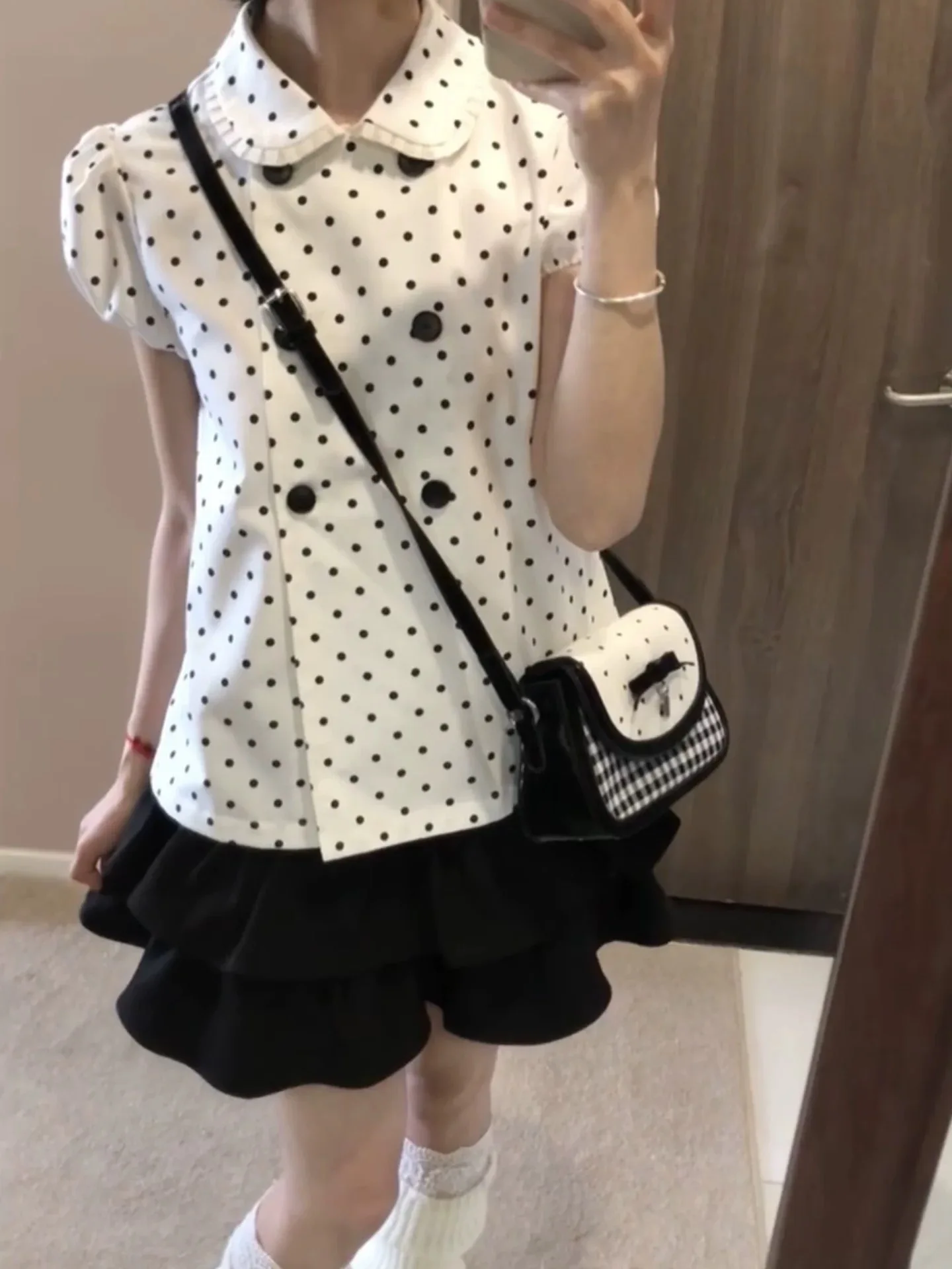 Korean Style Polka Dot Blouse And Puffy Skirt Set Women's Sweet Early Summer Fashion Two-Piece Suit School Uniform Style
