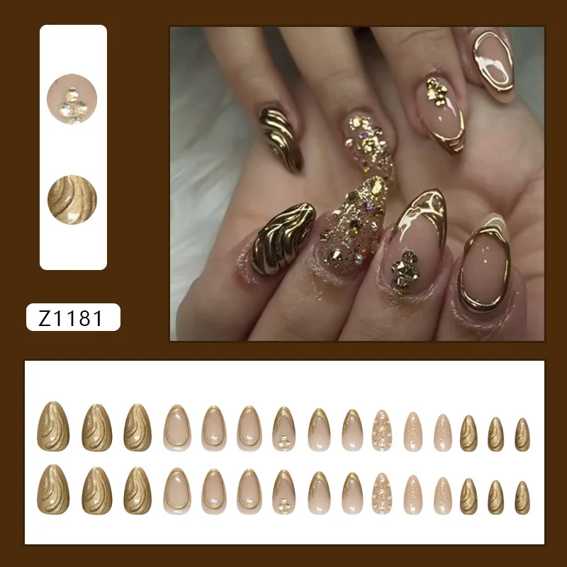 เล็บปลอม 3 มิติ ลายคลื่นแบบไม่สม่ำเสมอ 24 ชิ้น ประดับด้วยเพชรแชมเปญ รูปทรงอัลมอนด์ขนาดกลางอเนกประสงค์ ขนาดคละแบบ