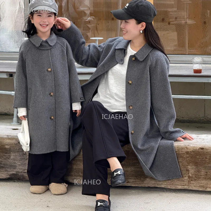 

Family Clothing Matching Mother Daughter Double Faced Wool Coat Mom and Kids Winter Mid Long Jacket Outfits Children's Spring