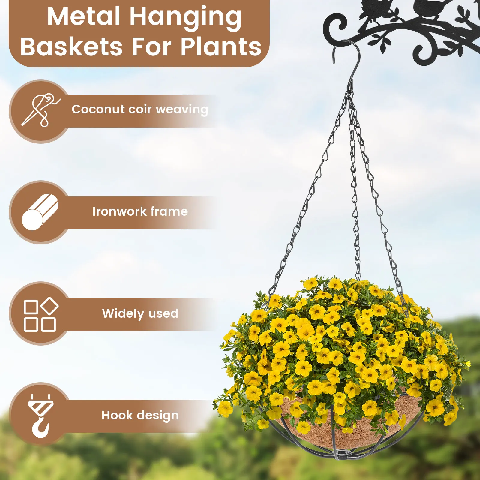 4Pcs 10 Inch Hanging Flower Basket Outdoor Coco Liner Round Hanging Flower Pot with Chain and Hook Metal Plant Basket for Garden