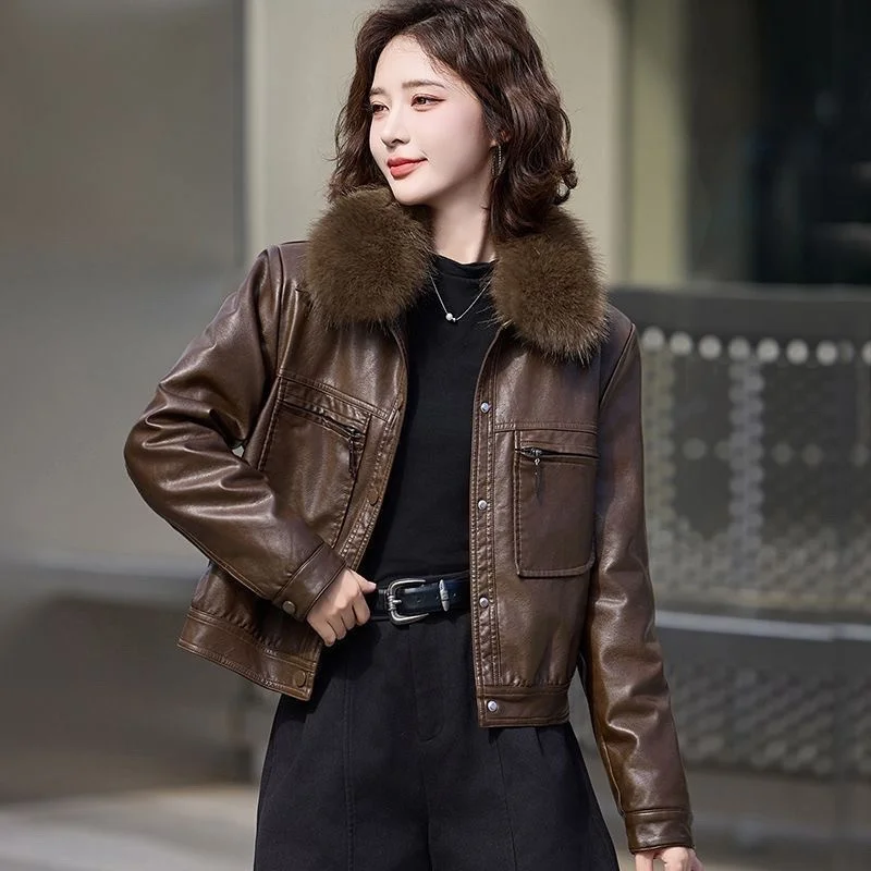 Fashionable Short Leather Jacket Women's Thickened Fleece Lined Winter Coat Small Size with Fur Collar Retro Style Outerwear