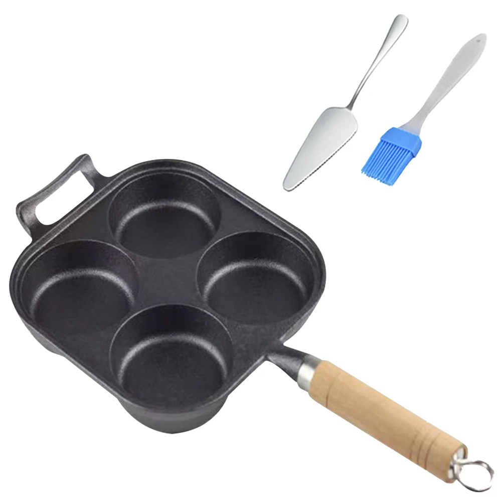 4-Cup Cast Iron Egg Frying Pan Non Stick Pancake Pan with Oil Brush Egg Cooker Suitable for Gas Stove & Induction Cookware