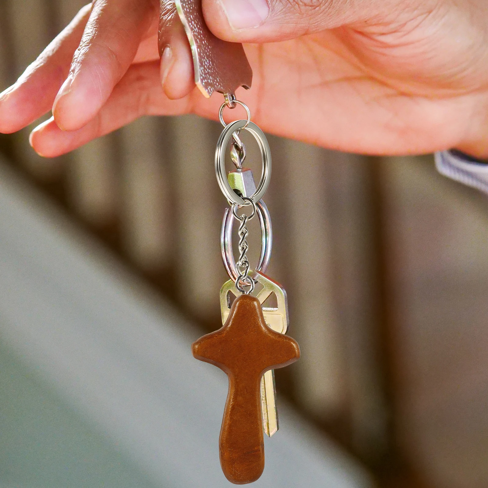 

6PCS Wood Cross Keychain Brown Prayer Charm for Women Bag Car Backpack Decorative Wooden Key Ring Accessories Gift