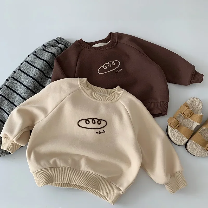 

2025 New Kids Cotton Fleece Lined Sweatshirt 1-6Y Baby Boys Girls Bread Print Casual Pullover Children Warm Autumn Winter Top