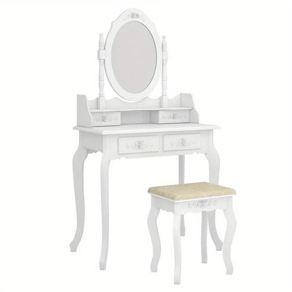 

White Vanity Makeup Dressing Table Set W/Stool 4 Drawer&Mirror Jewelry Wood Desk