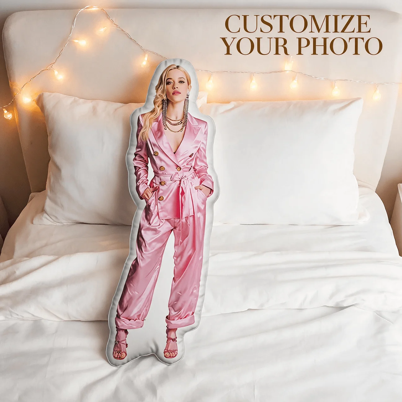 Custom Photo Shaped Pillow, Personalized Full Body Portrait Decorative Cushion, Pink Suit Style Home Decor Accent for Sofa & Bed