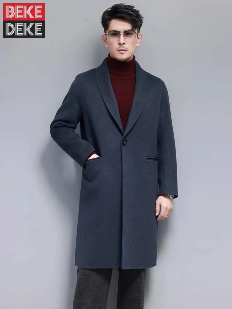 

Autumn Winter Mens Business Work Long Woolen Blends Coat Slim Fit Handamde 100% Wool Trench Casual One Button Windbreaker Coats