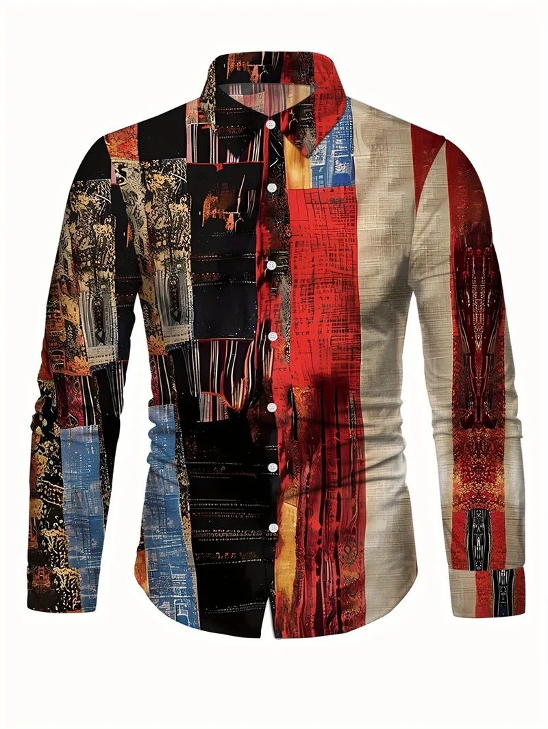 Men's New Color Block Design 3D Printed Shirt Retro Fashion Simple Business Casual Natural Long Sleeve Lapel Button Shirt