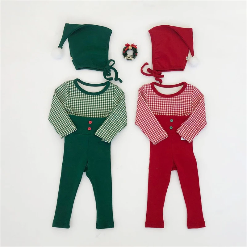 INS Style Chic Baby Christmas Clothing Sets Plaid Top High Waist Pants Hat Sets Coral Fleece Vest Waistcoat For Xmas New Year