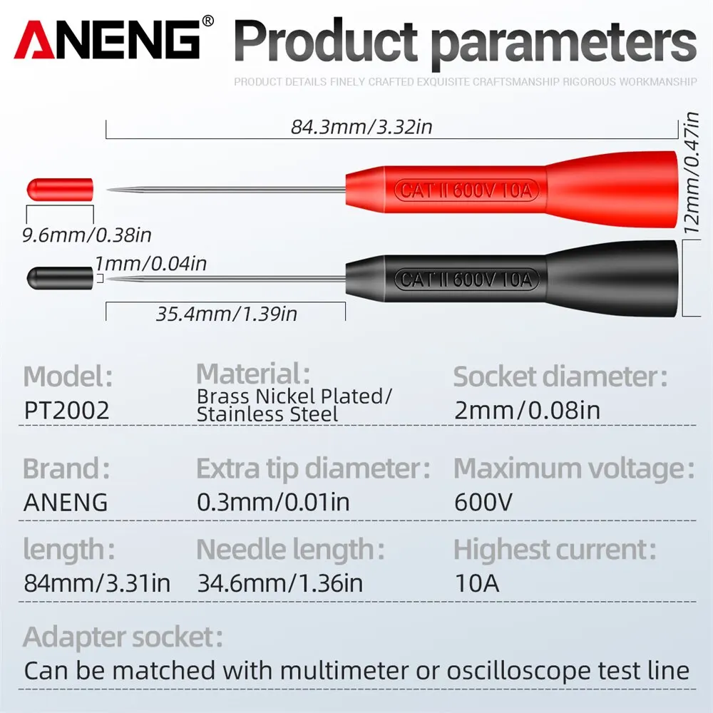 ANENG PT2002 Insulation Piercing Needle 1mm Pin Non Destructive Multimeter Test Probe 10A 600V For 2mm Test Lead