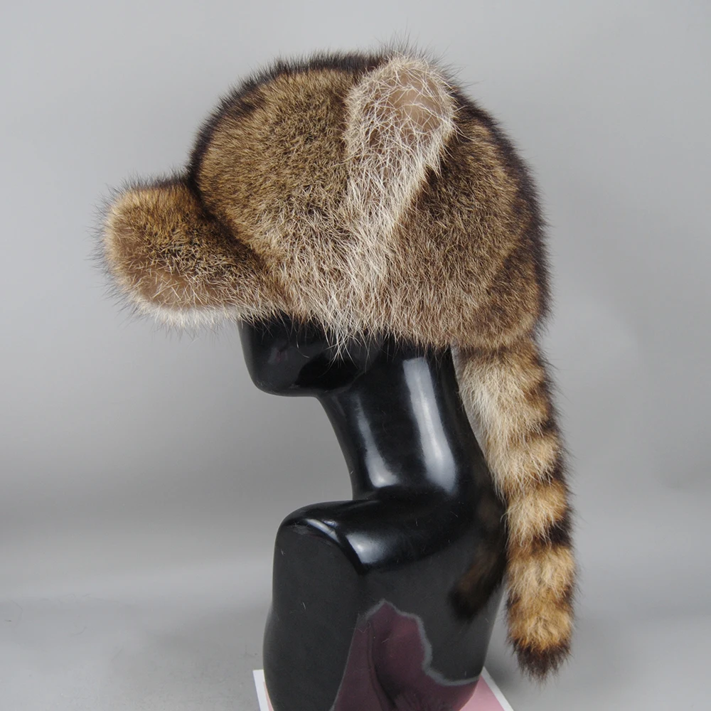 New Women Natural Raccoon Fur Caps Ushanka Hat for Winter Thick Warm Ear Fashion  Baseball Pom Pom Hat Lady Real Raccoon Fur Cap