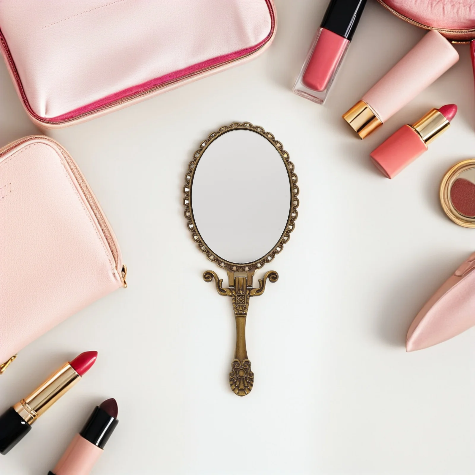 2Pcs Retro Hand Held Mirror with Handle Portable Compact Mirror for Travel and Daily Makeup Hand Mirrors with Handle