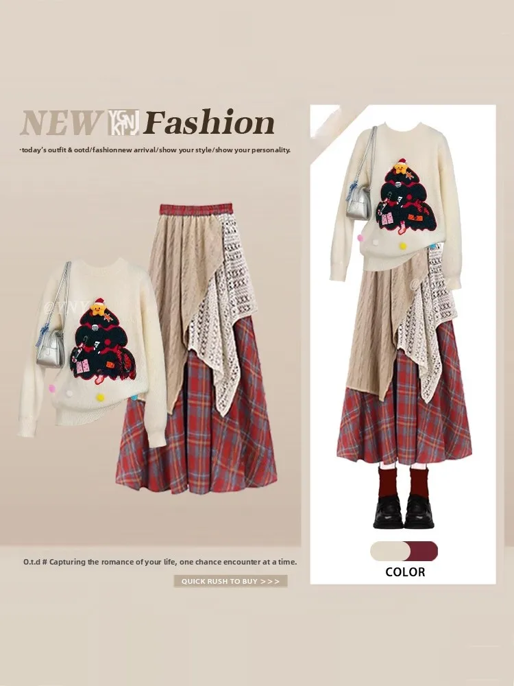 Unico bellissimo maglione albero di Cisas e set gonna scozzese per donna inverno sciolto rotondo Ne vita alta Faion Ensemble