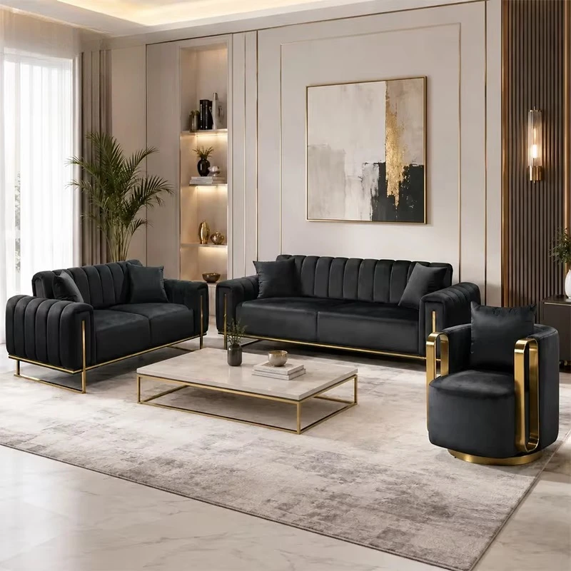 Luxury cream velvet channel-style tufted sofa set with gold metal frame, 3-seater sofa, suitable for living rooms, homes, hotels