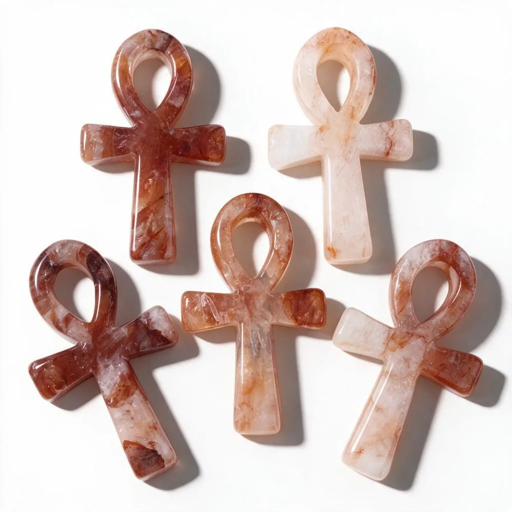 Natural Fire Quartz Ankh Symbol Figurine, Hand Carved Stone Cross Ornament, Mini Desktop Decoration Collectible Gift