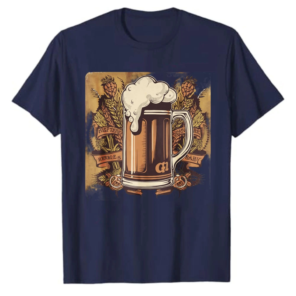 Vintage Oktoberfest Foamy Beer Mug Hop Wheat Pretzel Retro Banner T‑Shirt Classic Bavarian Festival Art Print Casual Cotton Tops