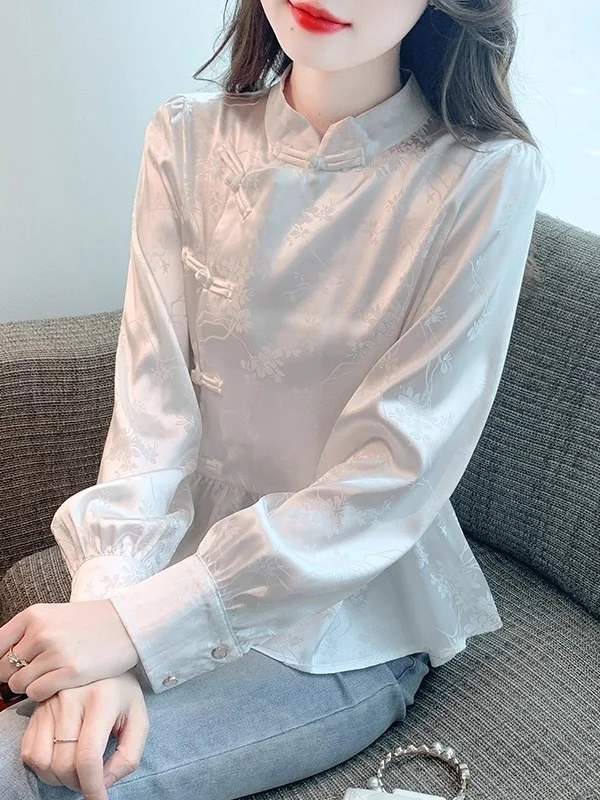 

Ele Stand Collar Sle awl Collar Chiffon irt Women's Autumn Faion New Chinese Sle Improved Qipao Top