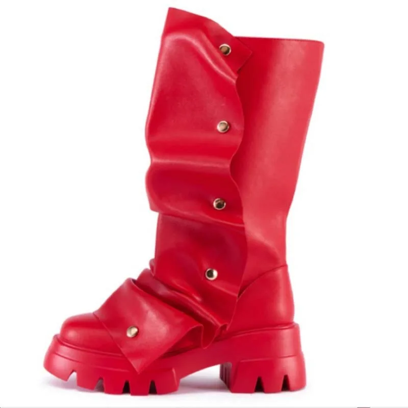 

Fashion Metal Punk Pleated Ankle Boots Soft Leather Thick-Soled High-Calf Botines Riveted Round-Toe Women Botas Femininas