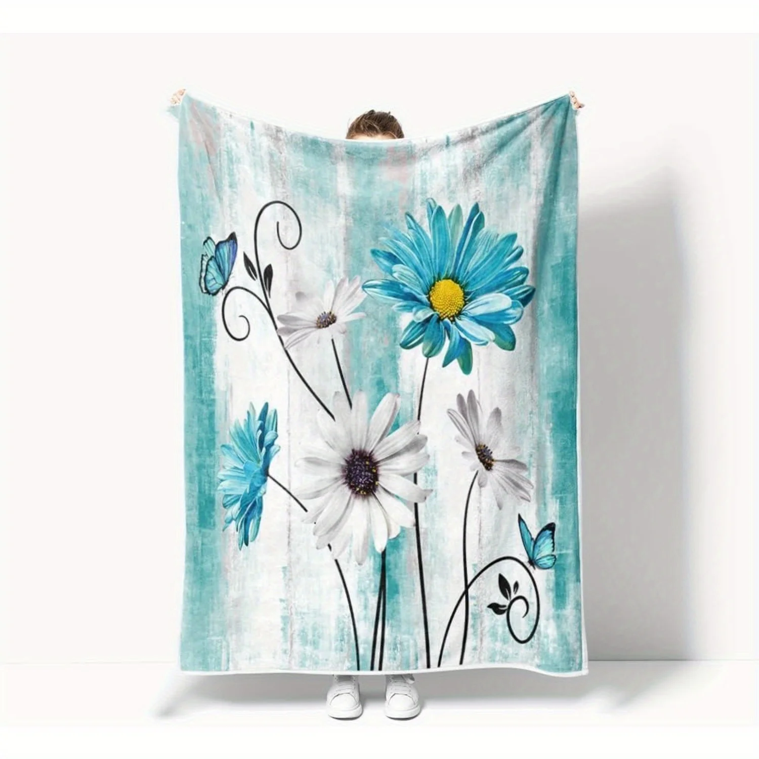 Rustic Farmhouse Teal Daisy & Butterfly Throw Blanket - Blue Flannel Bedding, Soft Country Style Floral Design for All Seasons