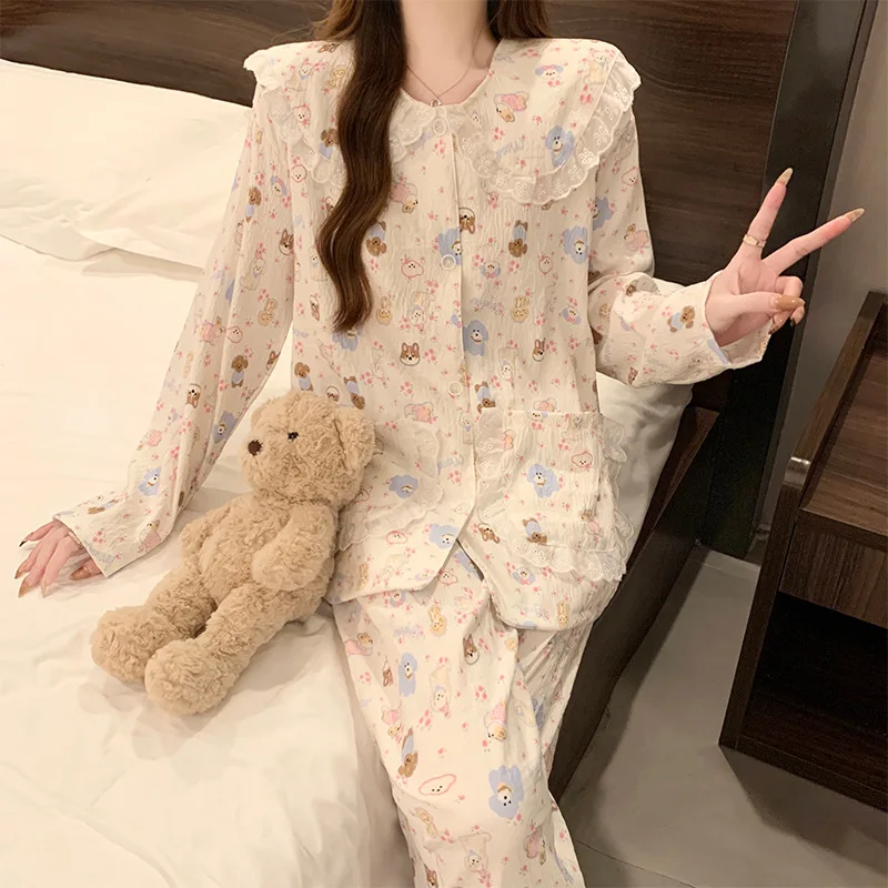 Cute Pajamas Cartoon Lace Doll Collar Long Sleeve Sleepwear Women Sweet Style Mama and Young Woman Homewear Samll Dog Print image 5