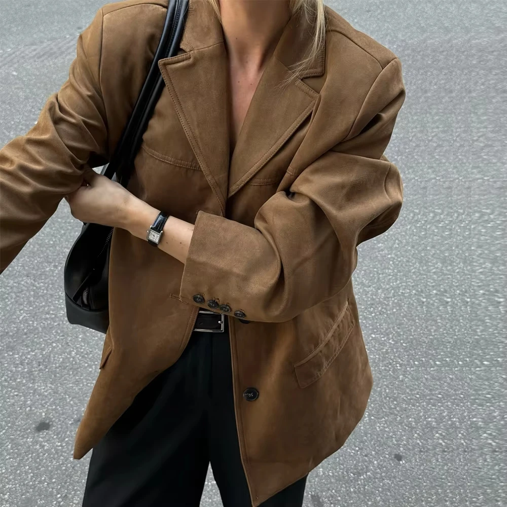AW Women's Jacket Old money Jackets Brown Leather Suede Jacket Coat Vintage Demi-season Jacket Autumn Winter New in Outerwears