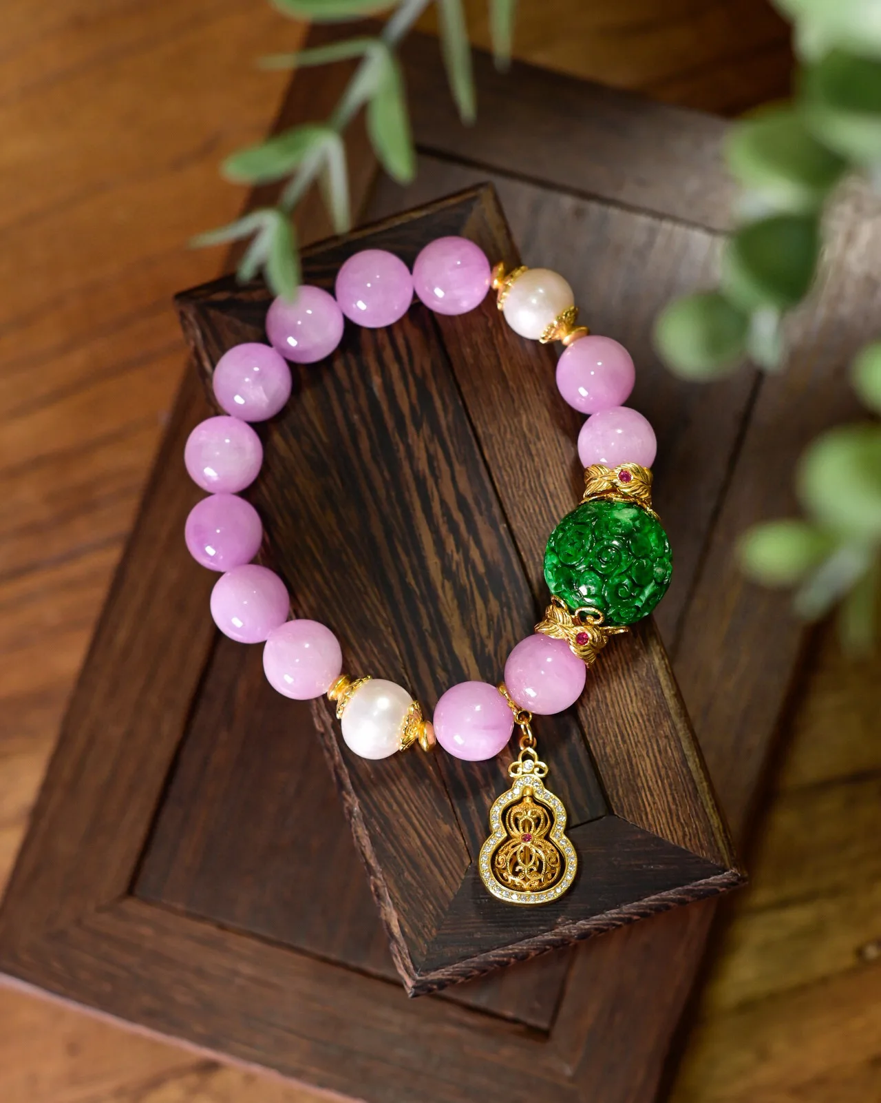 

Браслет из стерлингового серебра 925 пробы с натуральным кунцитом, резные счастливые бусины из жадеита класса А с древней золотой тыквой, ювелирные изделия в китайском стиле