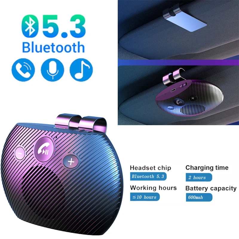 

V5.3 Bluetooth Speaker Handsfree Car Kit Sun Visor Clip Wireless Audio Receiver Connect Support Two Mobile Phones