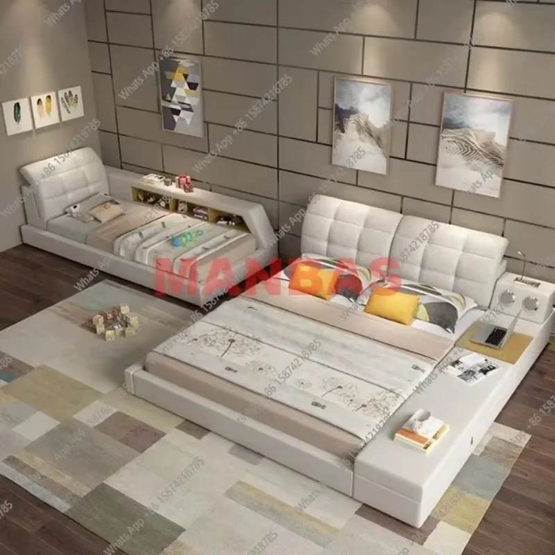 Smart Bed With Bluetooth Audio And Lamp Genuine Leather Parent-child Multifunctional Upholstered Tatami Bed Ultimate Cam