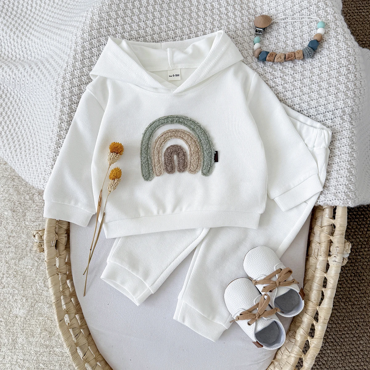 Spring and Autumn New Rainbow Patch Cloth Long Sleeve Hoodie Long Pants Baby Clothes Casual Baby Two Piece Set Children
