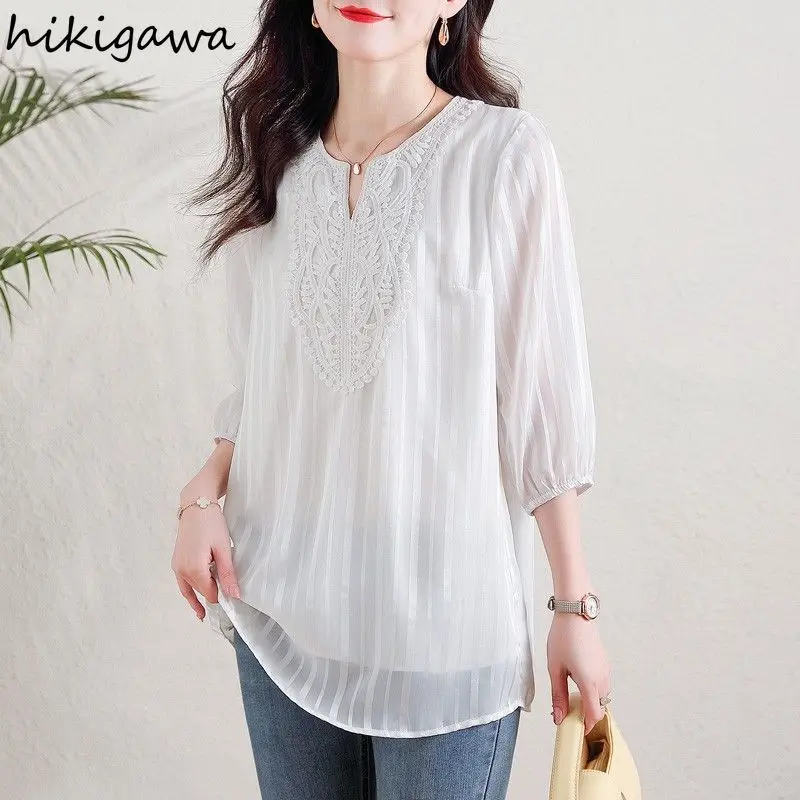 

Chiffon Patchwork Lace Women Blouses Camisas De Mujer V-neck Striped Summer Shirts Vintage Tops Loose Solid Color Korean Blouse