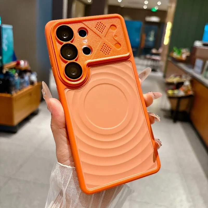 Luxury Ripple Pattern Magnetic Liquid Silicone Case For Samsung S26 Plus S26 Ultra With Glass Lens Flim Protection Soft Cover