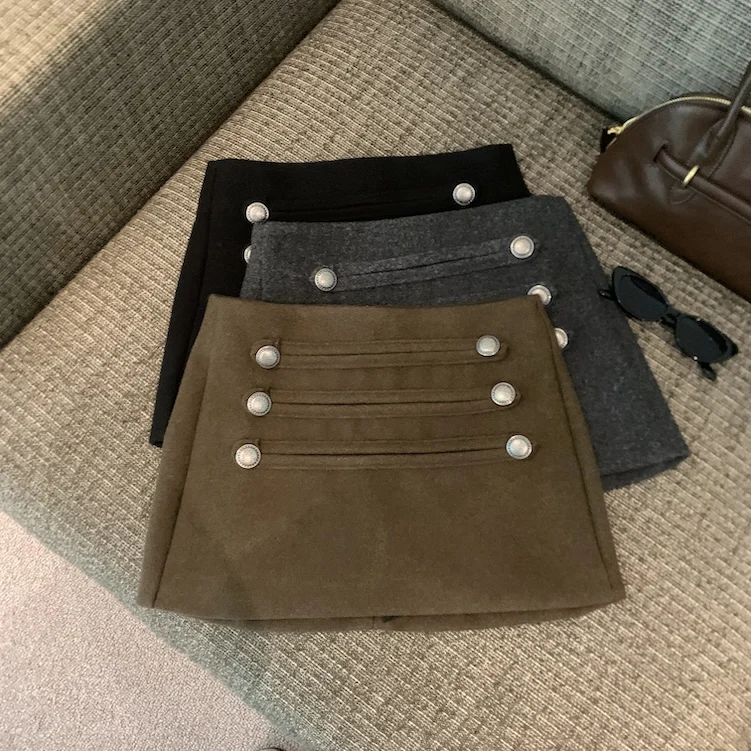 Women's Woolen Mini Skirt High Waist Metal Buttons A-Line Short Skort Elegant Office Lady Autumn Winter Vintage Outfit