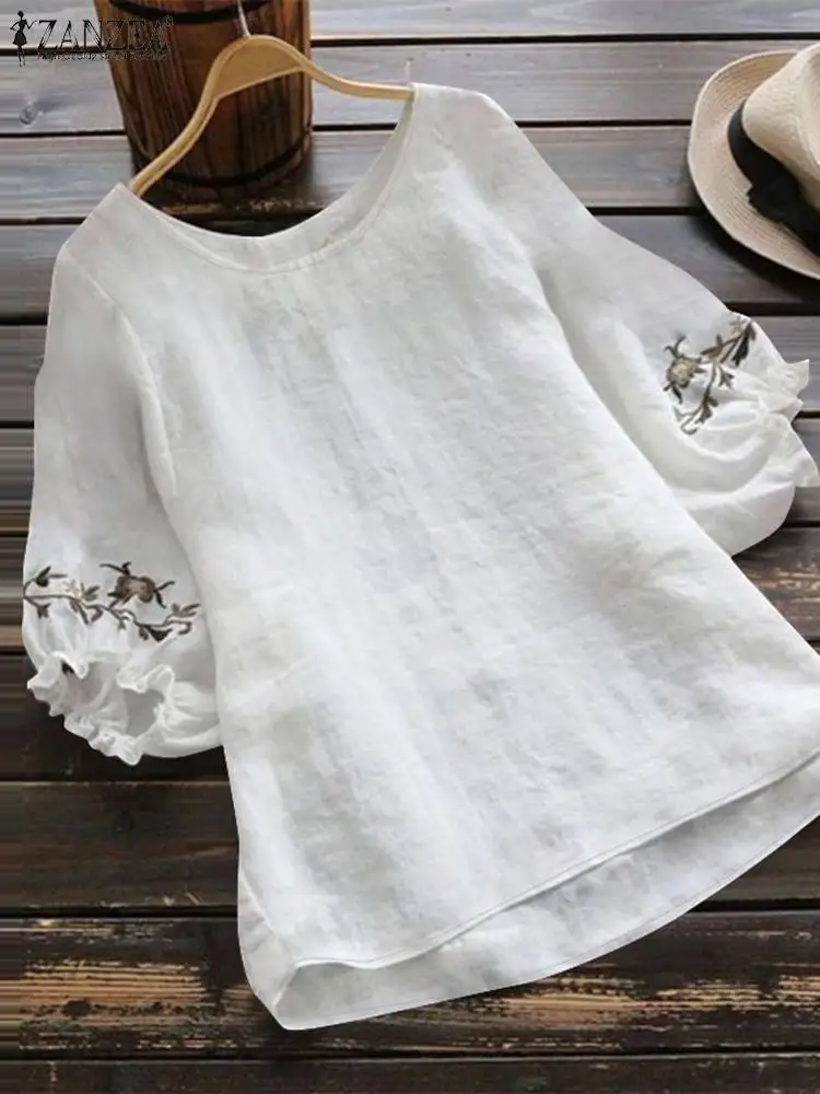 ZANZEA Summer Women Tops Women Elegant OL Work Blouse Vintage Shirts O Neck 3/4 Sleeve Embroidery Blusas Causal Loose Chemise