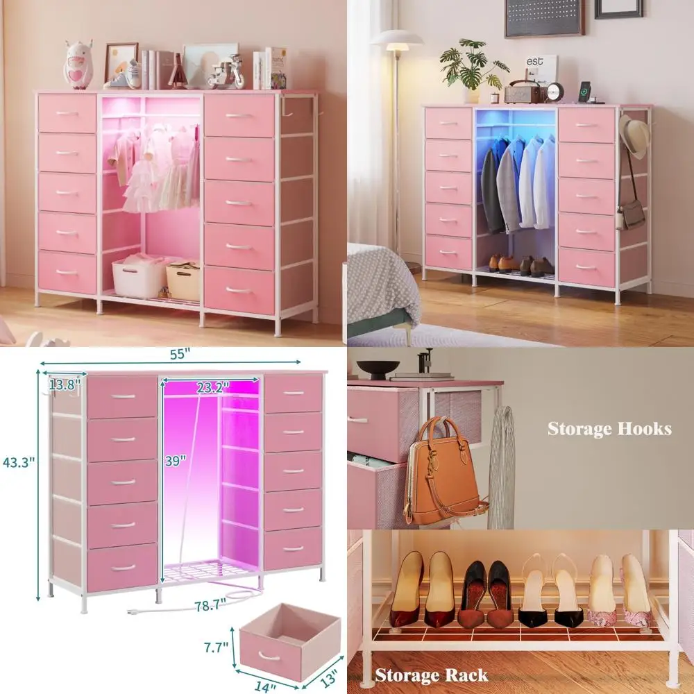 2-in-1 Dresser with Hanging Rack and 10 Fabric Drawers, LED-lit Bedroom Dresser with Charging Station