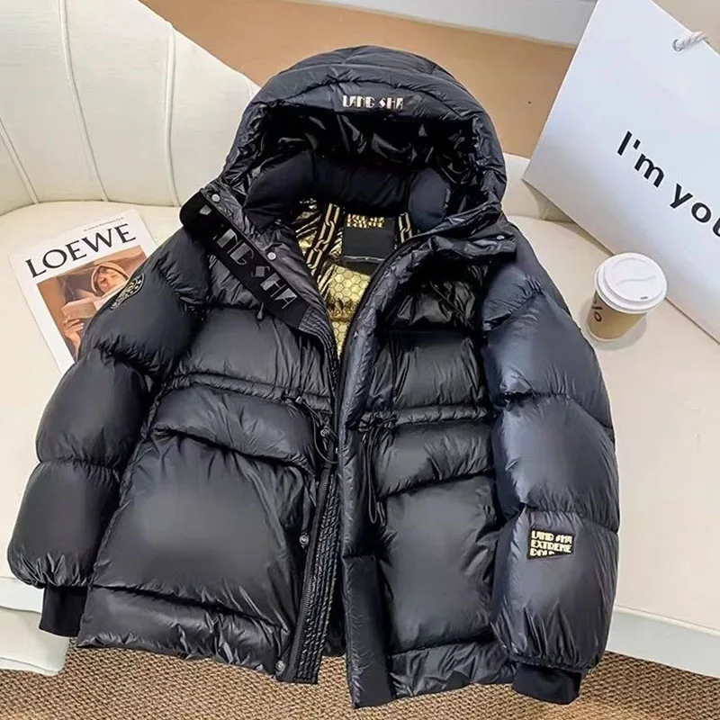 New Women Korean Black Gold 90% White Duck Down Coat Winter Thicken Warm Down Jacket Loose Casual Female Hooded Parker Outerwear