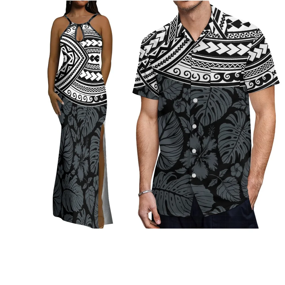 

Polynesian Traditional Print Summer Women'S Strappy Long Dress And Men'S Casual Shirt Two-Piece Custom Couple Outfit
