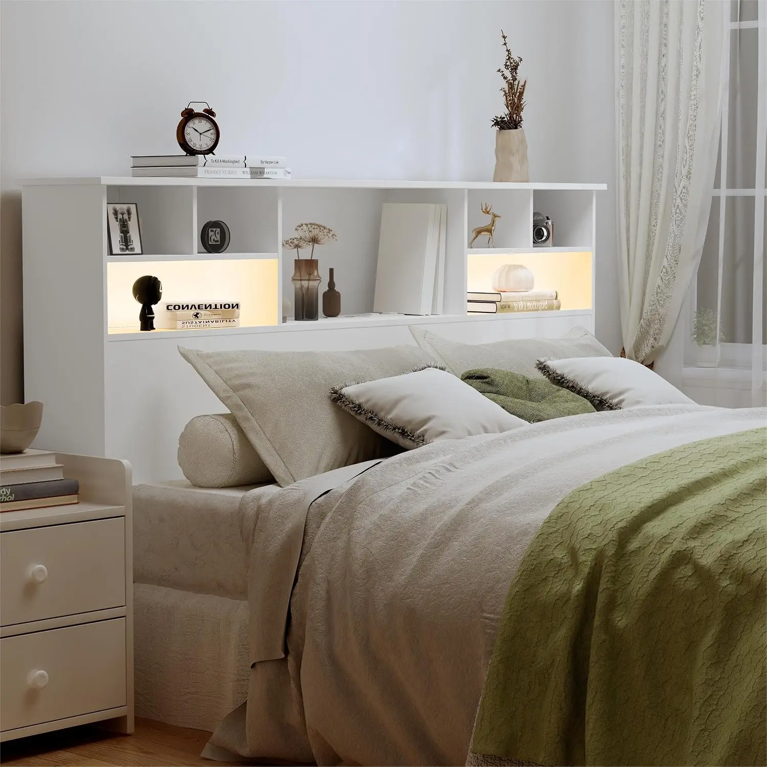 Queen Size Wood Bookcase Headboard Bedroom Storage Shelf, Customized