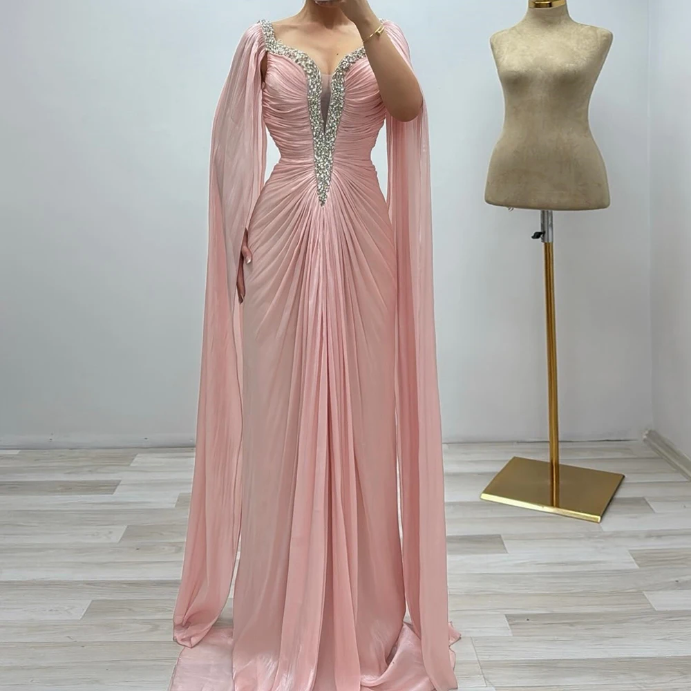 

Customized A-line Evening Dresses Floor-length V-neck Sleeveless Prom Gown Fashion Crystal Simple Stole Draped Party Gown