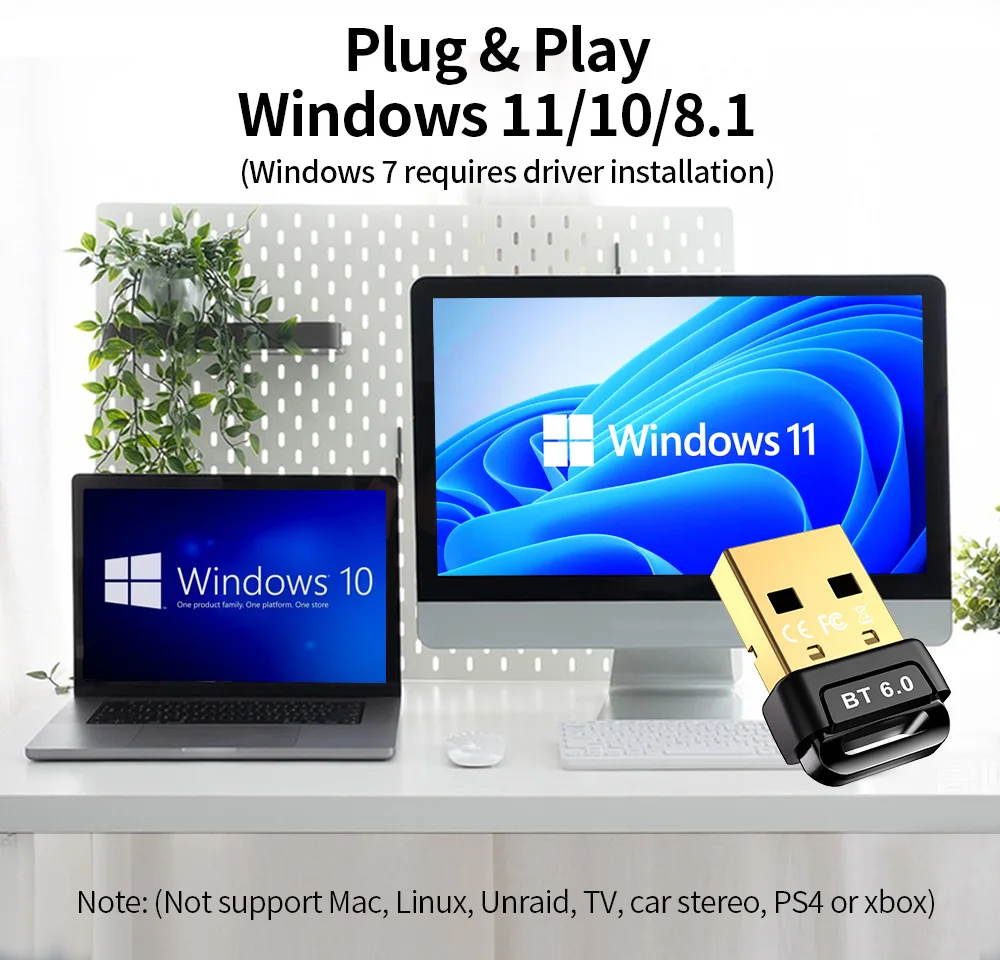 

New Bluetooth 6.0 Adapter for PC USB Bluetooth 5.4 Dongle Receiver for Speaker Mouse Keyboard Audio Transmitter For Win8.1/10/11