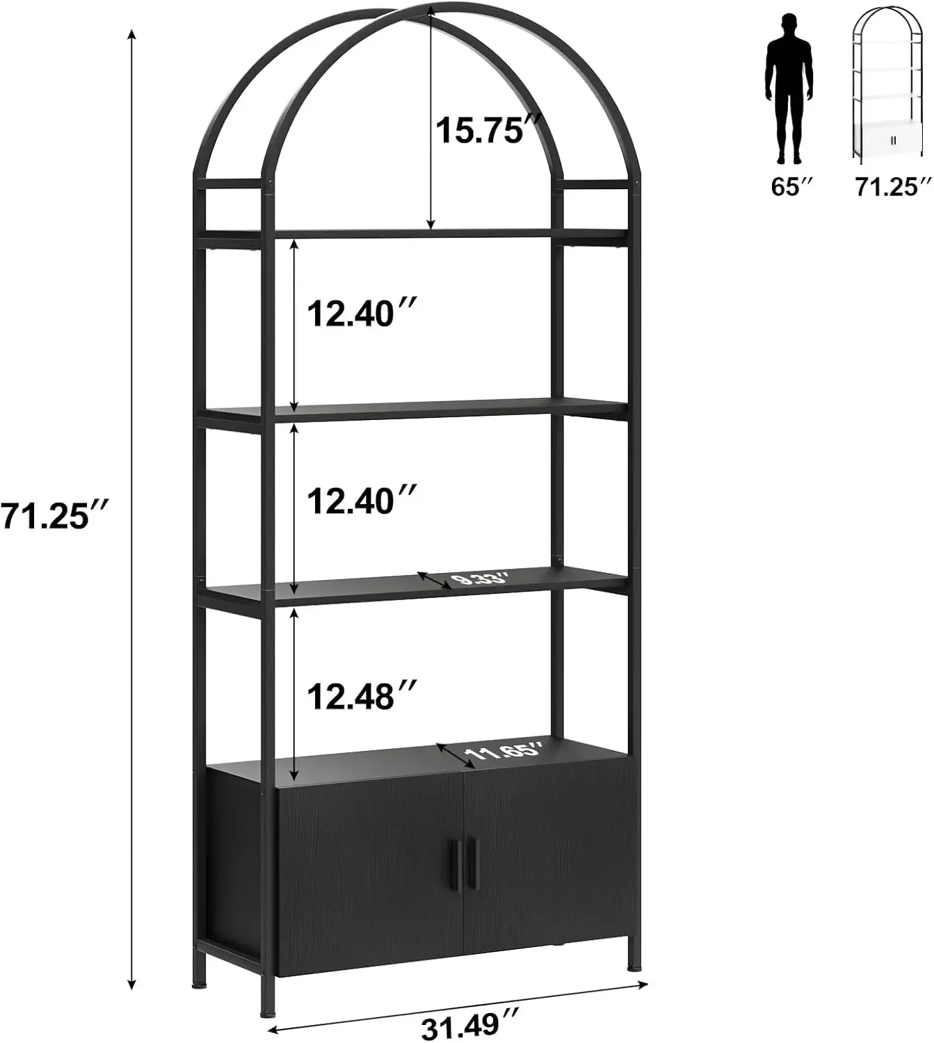 Arched Bookshelf, Bookcase with Doors Storage, 71 Inches Tall Industrial Book Shelf with Sturdy Metal Frame, Quality