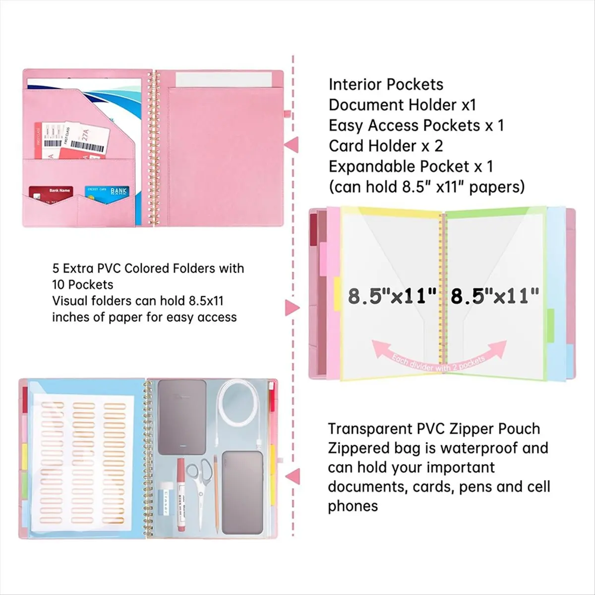 ABQR Presse-papiers en spirale rose avec sac de rangement à fermeture éclair, sac de rangement pour porte-documents avec presse-papiers, 5 dossiers divisés